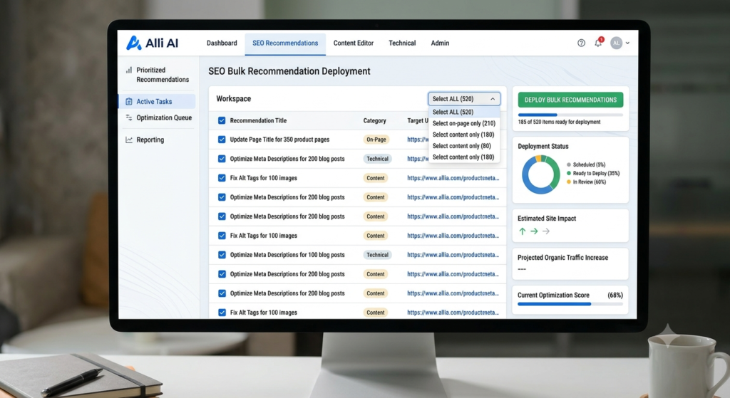 Alli AI dashboard showing bulk recommendation deployment