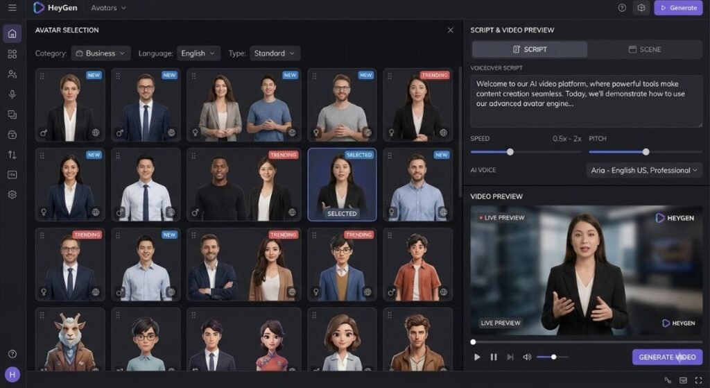 HeyGen avatar selection screen showing a script panel next to a video preview