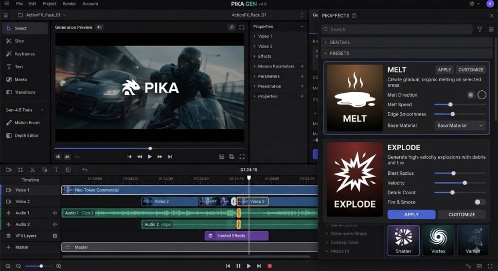 Pika interface showing the Pikaffects panel with melt and explode presets