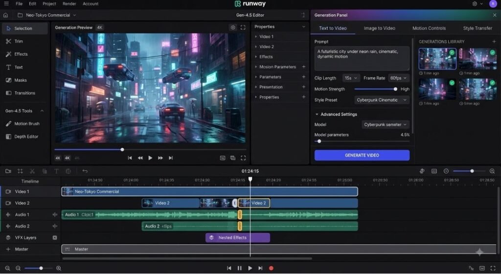 Runway Gen-4.5 editing interface with timeline and generation panel