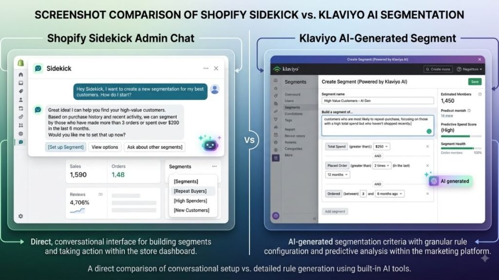 Screenshot comparison of Shopify Sidekick admin chat vs a Klaviyo AI-generated segment