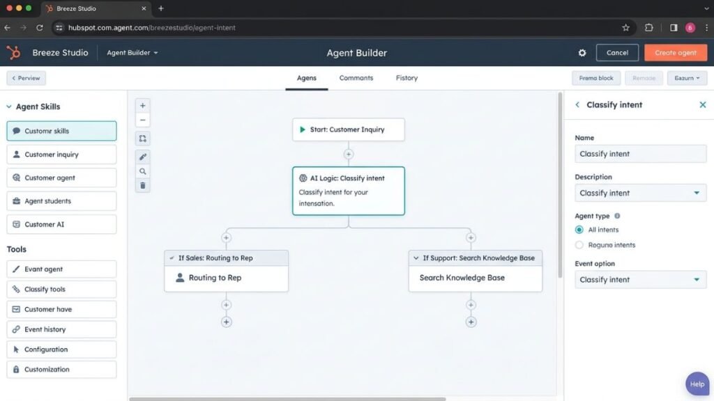 Screenshot of HubSpot Breeze Studio agent builder interface