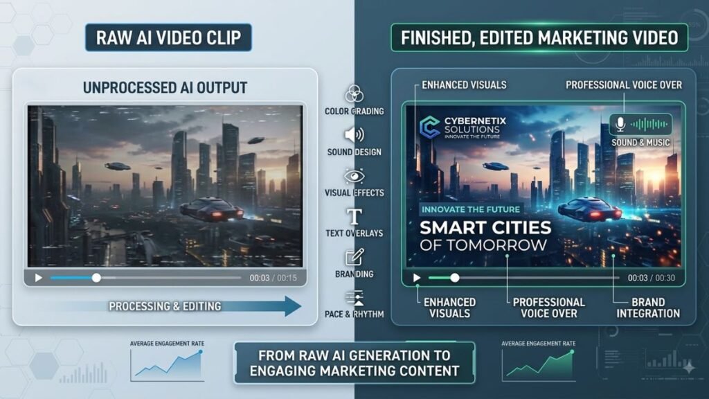 Split-screen comparison graphic showing a raw AI video clip next to a finished, edited marketing video