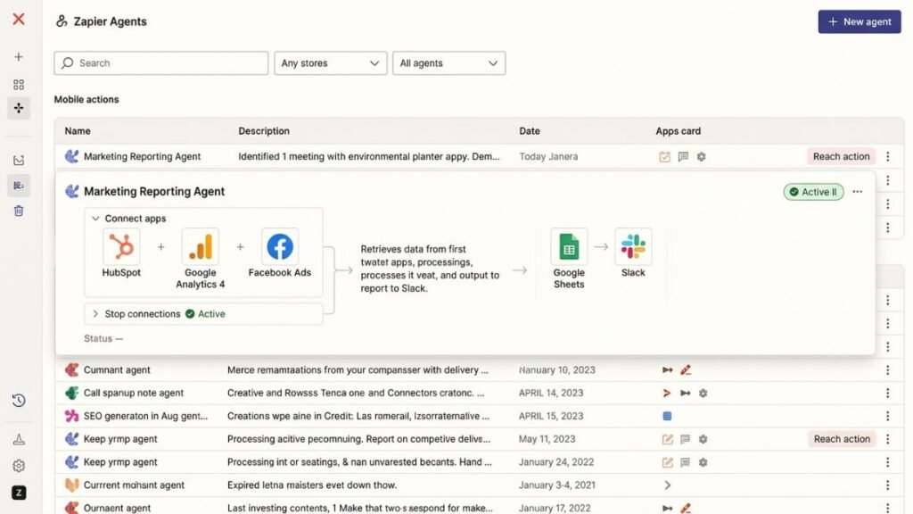 Zapier Agents dashboard showing a marketing reporting agent connected to multiple apps