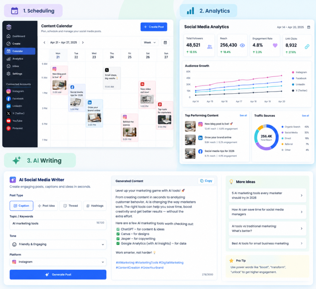 Collage of social media dashboards showing scheduling, analytics, and AI writing panels