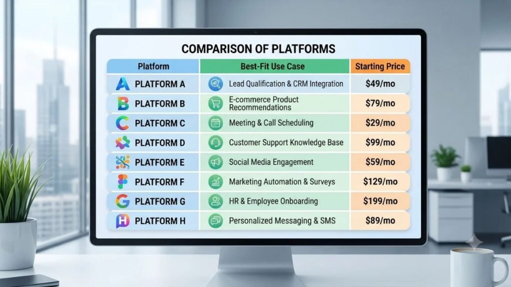 Comparison table of all eight platforms with best-fit use case and starting price
