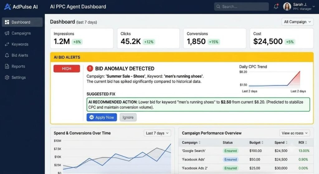 Dashboard screenshot showing an AI PPC agent flagging a bid anomaly with a suggested fix