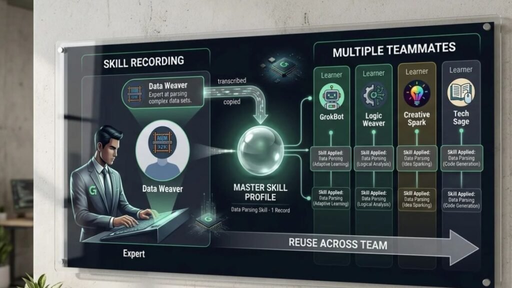 Diagram showing a skill being recorded once and reused across multiple teammates