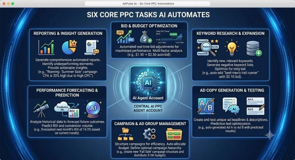 Diagram showing the six core PPC tasks an AI agent automates, arranged around a central account icon