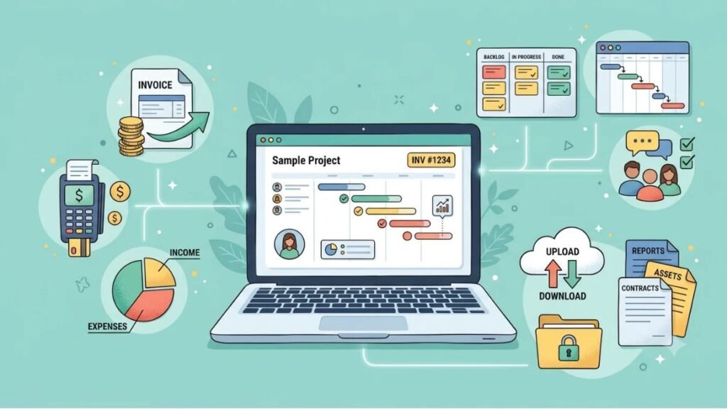 Flat-lay illustration of a laptop with icons for invoicing, project management, and file storage floating around it