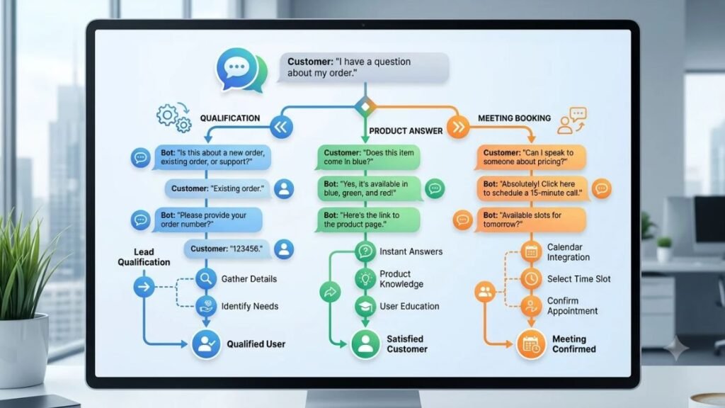 Hero graphic showing a conversation thread branching into qualification, product answer, and meeting booking paths