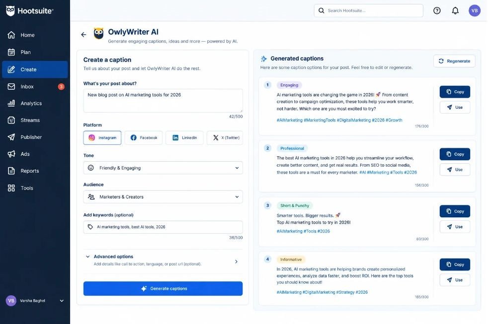 Hootsuite OwlyWriter AI caption generator interface