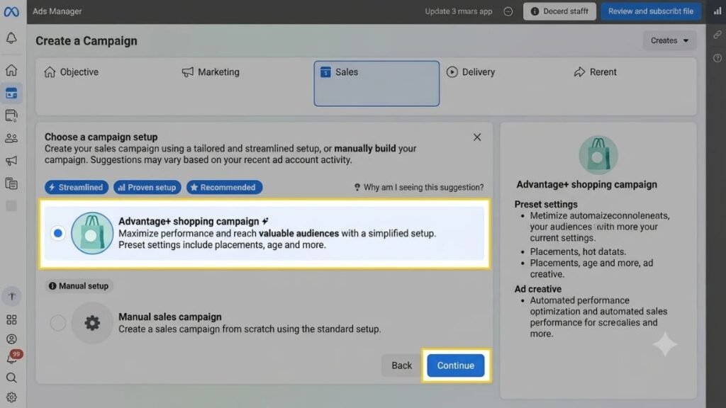 Meta Advantage+ campaign setup screen inside Ads Manager