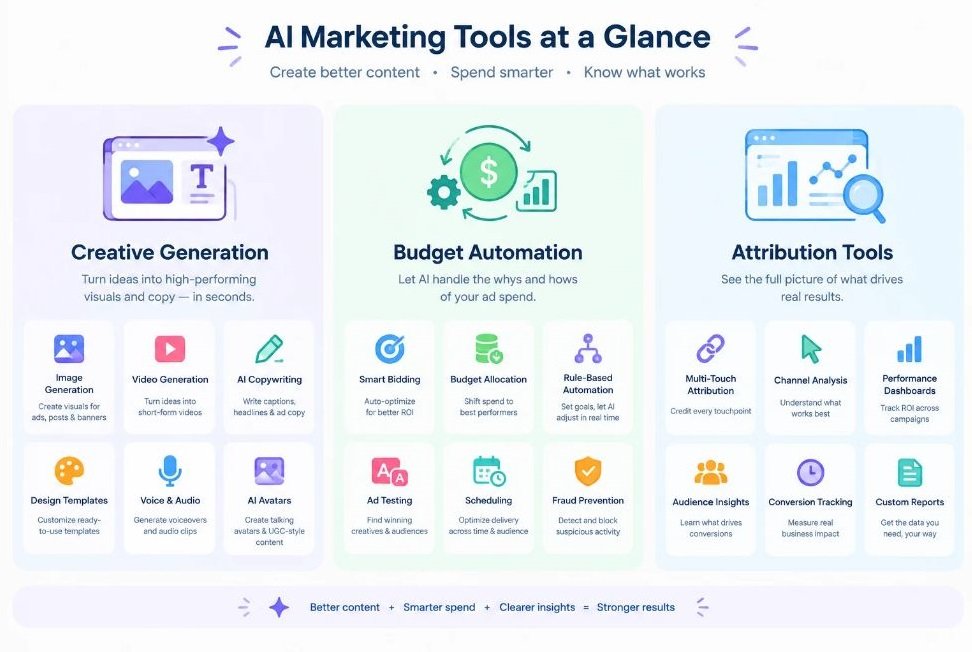 Overview graphic showing category icons for creative generation, budget automation, and attribution tools