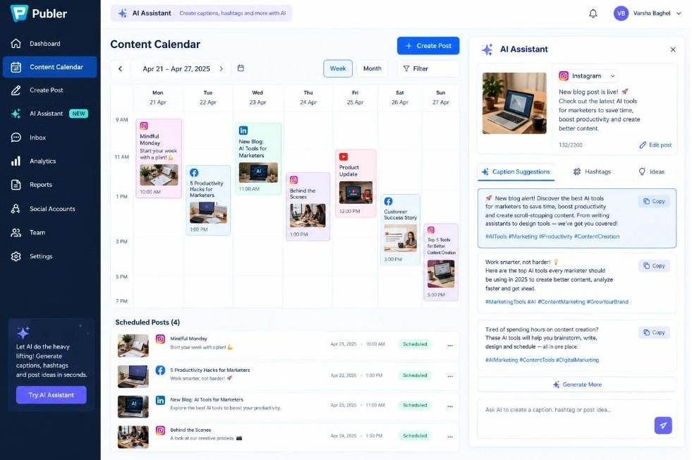 Publer AI content calendar with generated caption suggestions