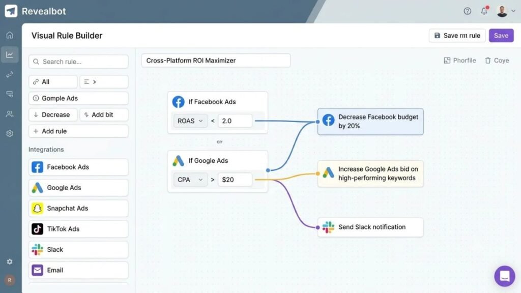 Revealbot visual rule builder with cross-platform automation example