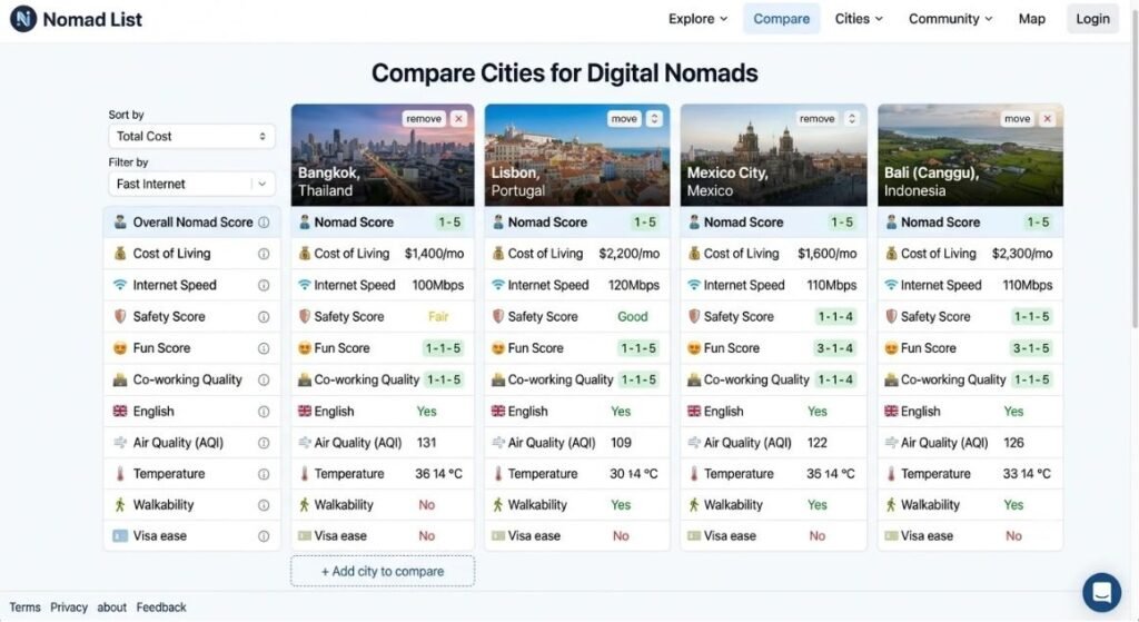 Screenshot of Nomad List city comparison view