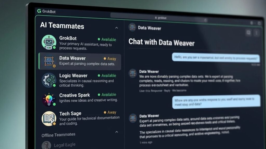 Screenshot of the GrokBot interface showing a sidebar of AI teammates