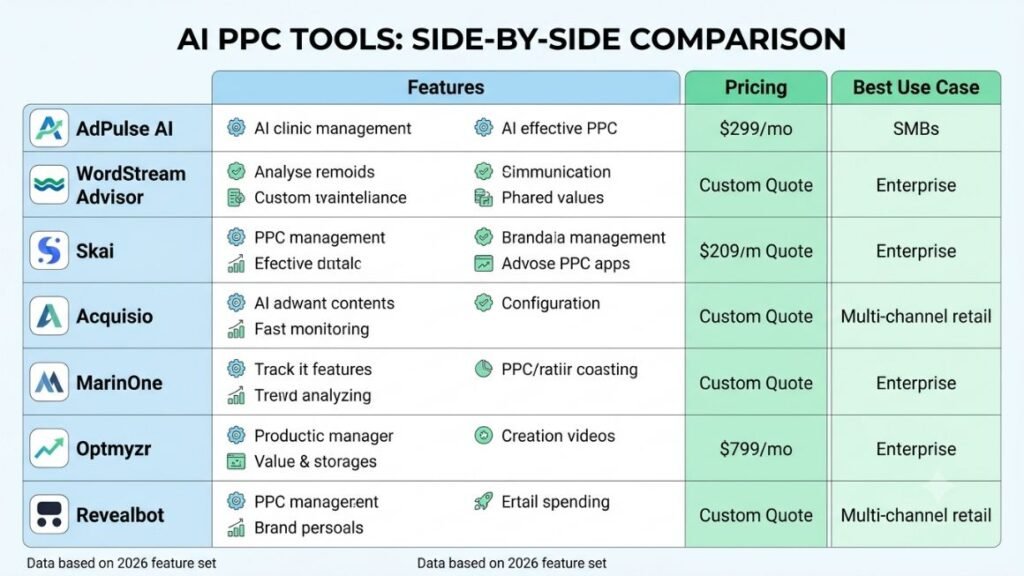Side-by-side comparison table of the seven tools with pricing and best-use-case columns