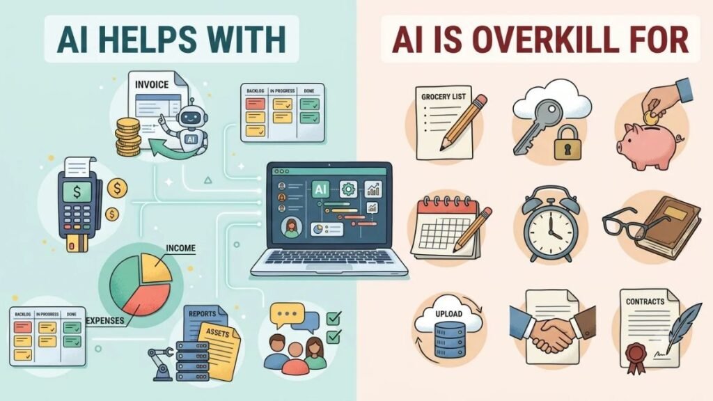 Split-screen graphic showing "AI helps with" vs "AI is overkill for" as two columns