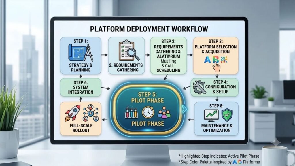 Workflow diagram of the eight deployment steps with the pilot phase highlighted