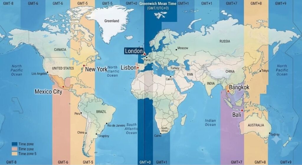 World map with time zone bands highlighting Lisbon, Mexico City, Bangkok, and Bali relative to New York and London