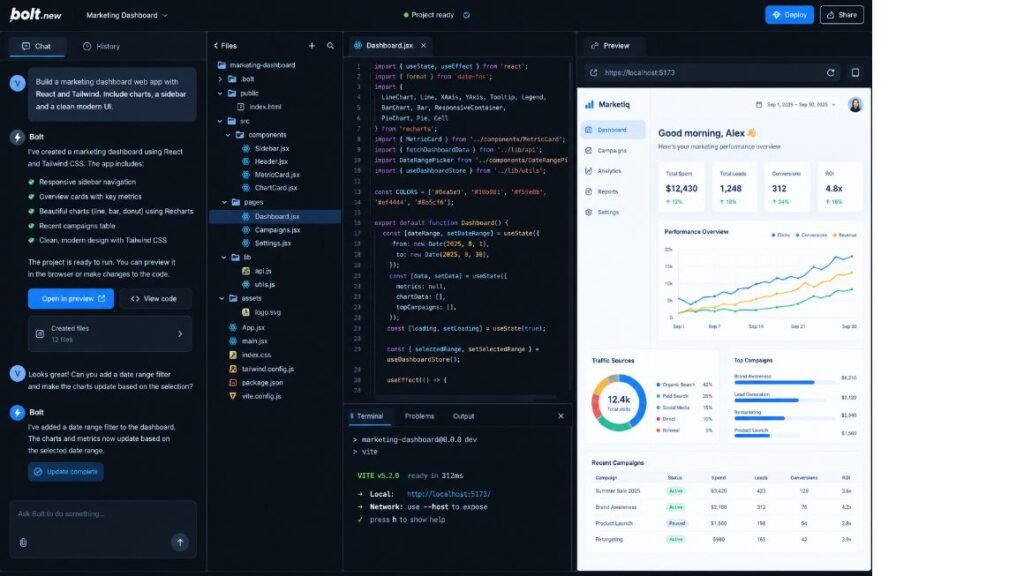 Bolt.new workspace showing the chat, file tree, and terminal