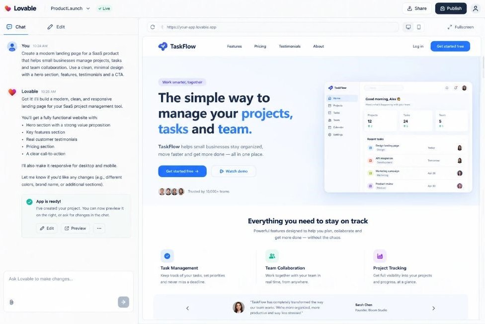 Lovable editor with chat panel on the left and live app preview on the right