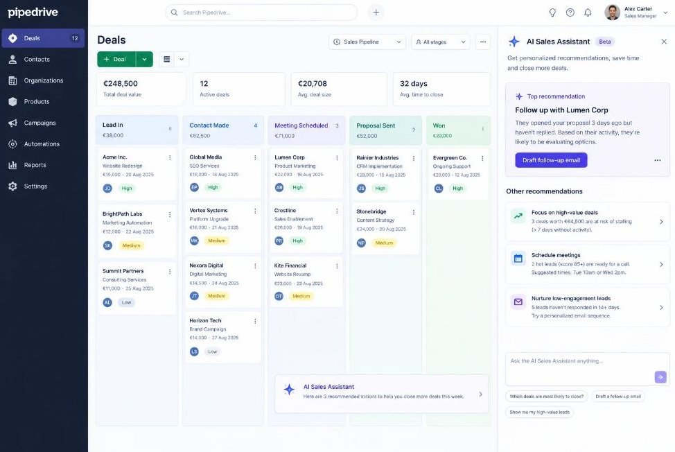 Pipedrive pipeline view showing AI Sales Assistant recommendations